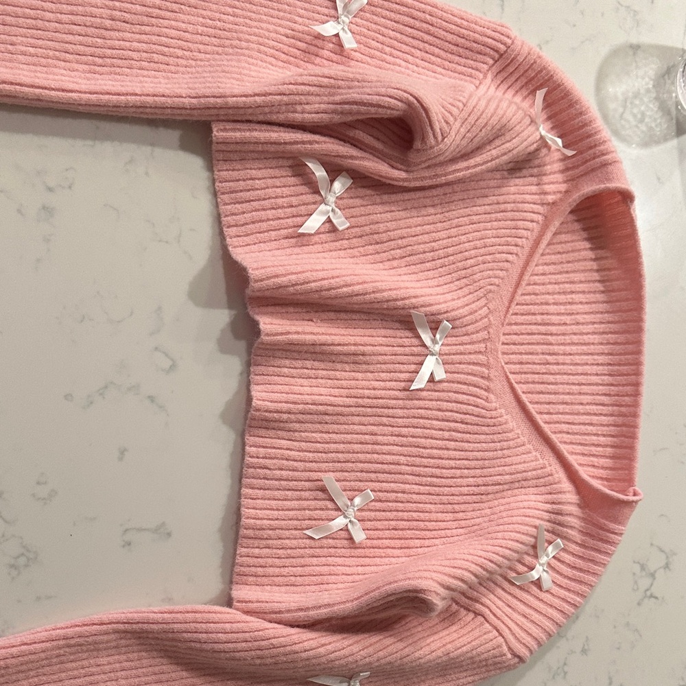 SHEIN Pink Ribbed Sweater with White Bow Details